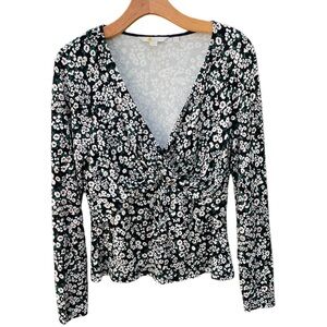 Boden Floral Twist Front Jersey Top US 12R UK 16 Long Sleeve Black V Neck